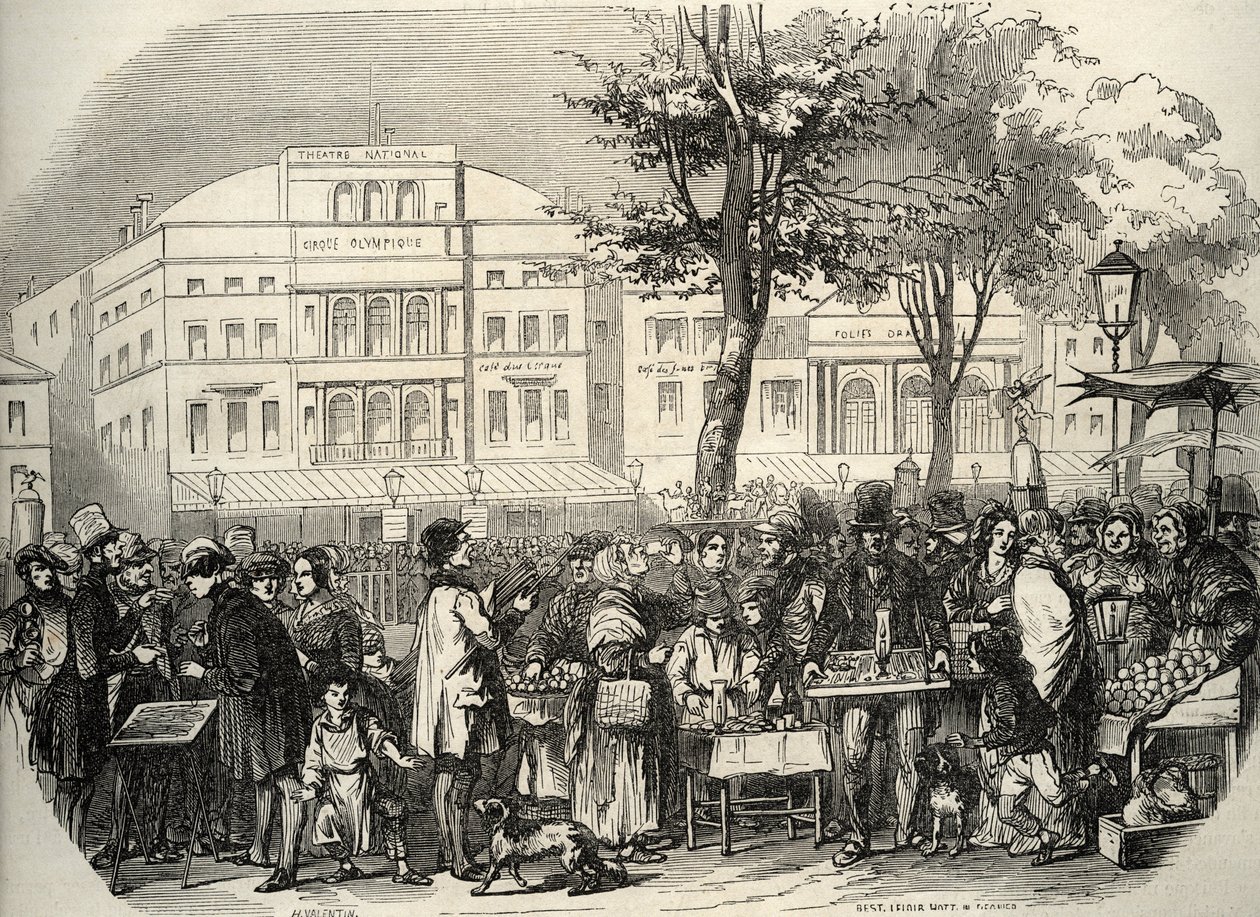 A párizsi Boulevard du Temple általános képe - Utcai árusok - Párizs - A Boulevard du Temple általános képe - Kereskedők ambulánsai - Edmond Texier 1852-es metszete a „Tableau-de-Paris”-ban alkotó: French School