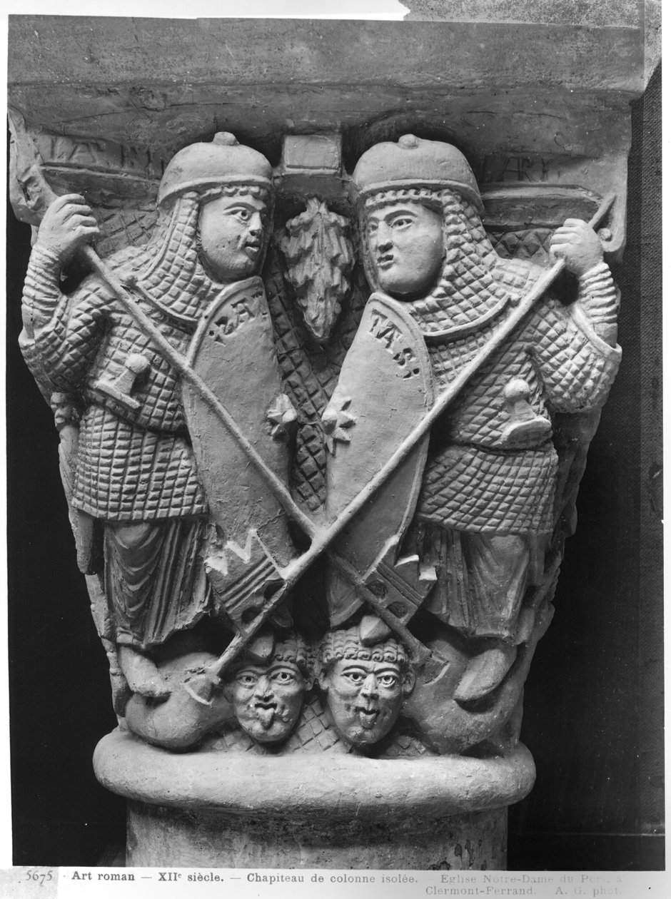 Nagylelkűség és Jótékonyság két bűnt átütő, a gonoszok harcát az erények ellen ábrázoló tőkéje a clermont-ferrandi Notre-Dame-du-Port templomból (kőből öntött gipsz) (s alkotó: French School