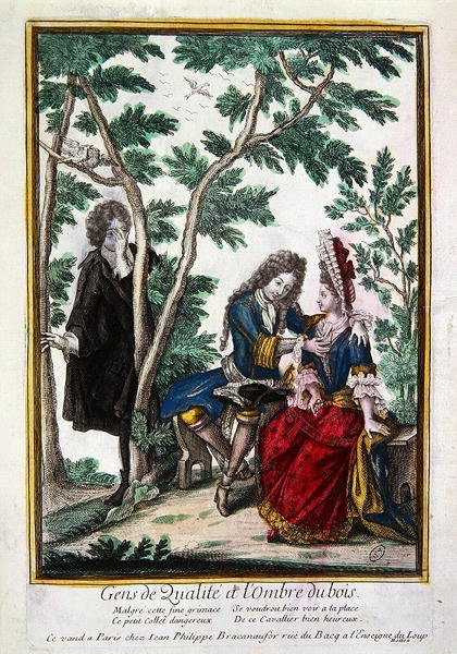 Egy hölgynek udvarló úriember az erdő árnyékában,(színes metszet) alkotó: French School