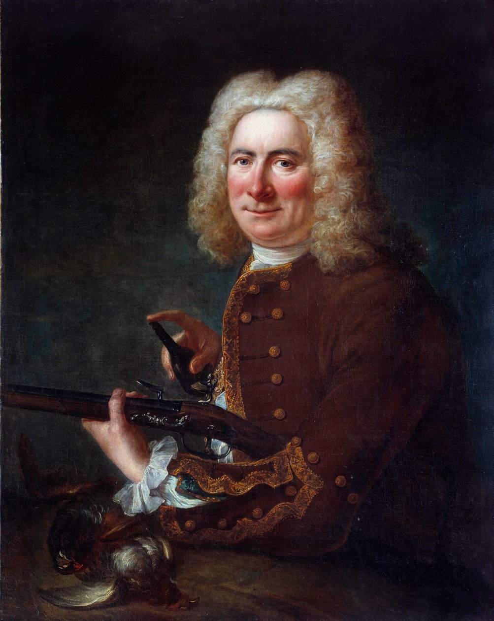 úriember kovakő puskával. 18. századi névtelen festmény. Gien, Musee de la chasse – úriember kovaköves fegyverrel. 18. századi névtelen festmény. Vadászati Múzeum, Gien, Franciaország alkotó: French School