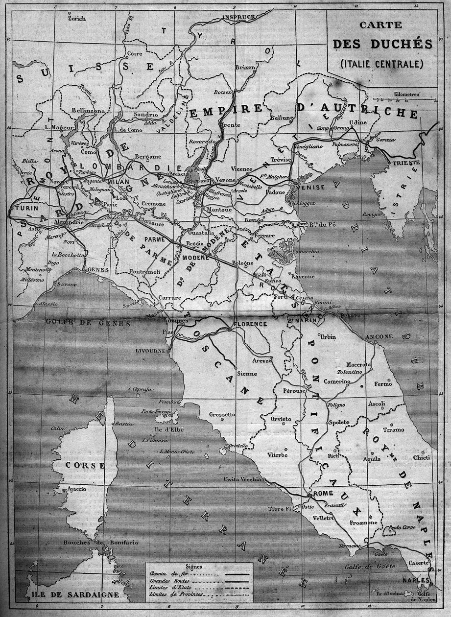 Közép-Olaszország hercegnőjének földrajzi térképe 1860-ban. Metszet a „” Le Monde Illustré”” 143. számában, 1860. január 7.. alkotó: French School