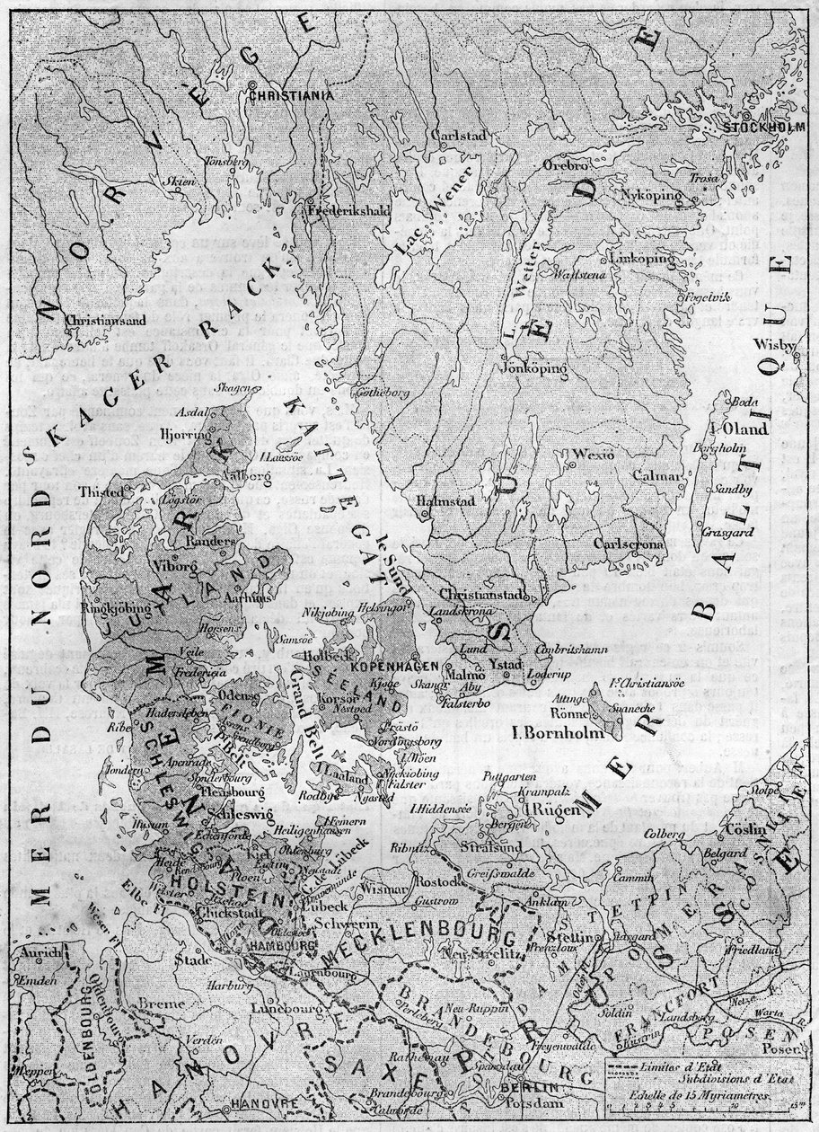 Dánia földrajzi térképe 1861-ben, Schleswig, Holstein és Lauenburg hercegnőjével. Metszet a „” Le Monde Illustré”” 200. számában, 1861. február 9.. alkotó: French School