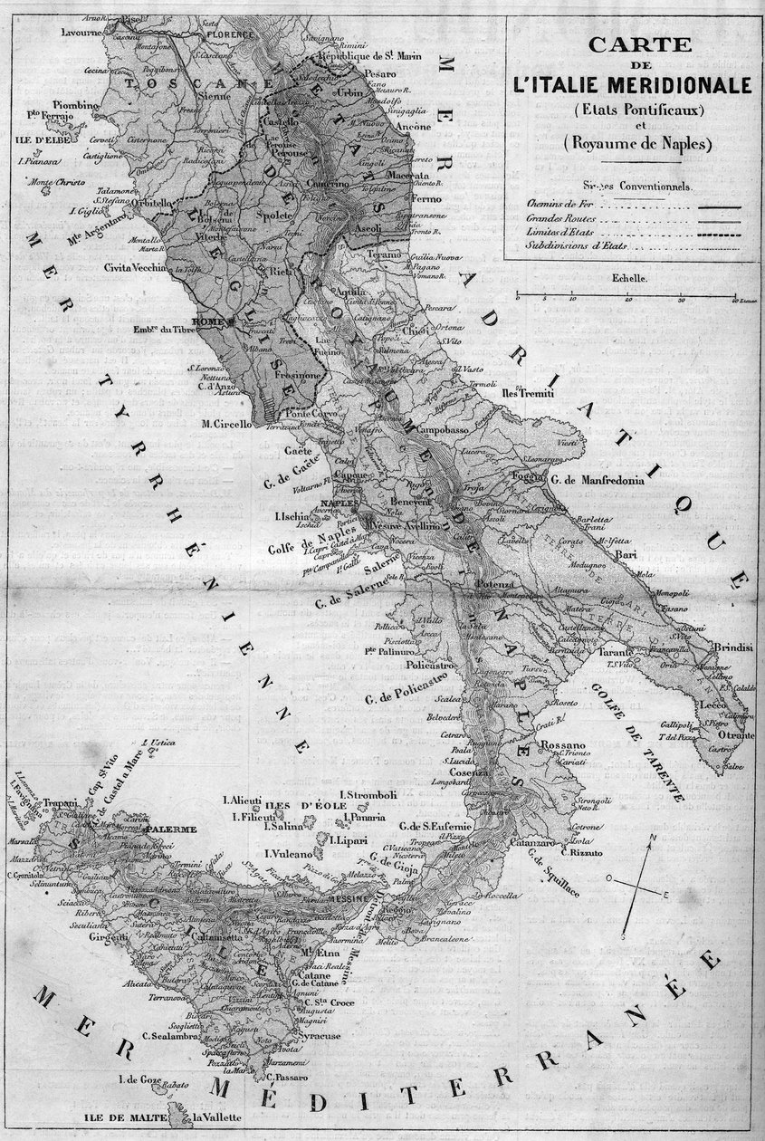 A Meridional Italy földrajzi térképe 1860-ban: Pápai államok és Nápolyi Királyság. Metszet a „” Le Monde Illustré”” 163. számában, 1860. május 26. alkotó: French School