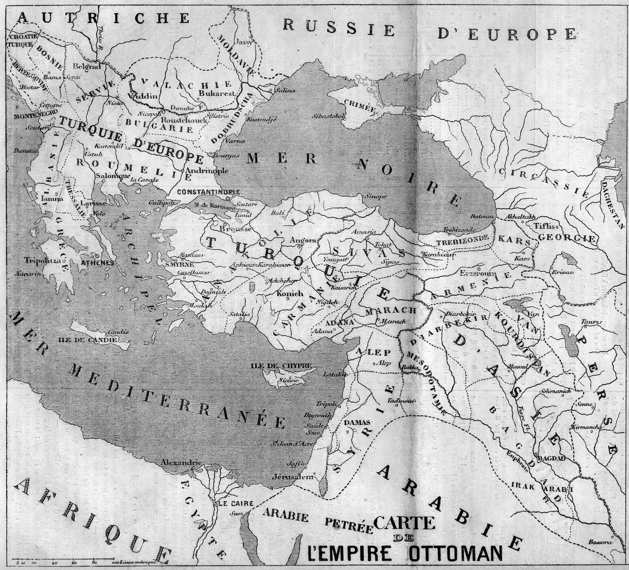 Az Oszmán Birodalom földrajzi térképe 1860-ban. Metszet a „” Le Monde Illustré”” 173. számában, 1860. augusztus 4.. alkotó: French School
