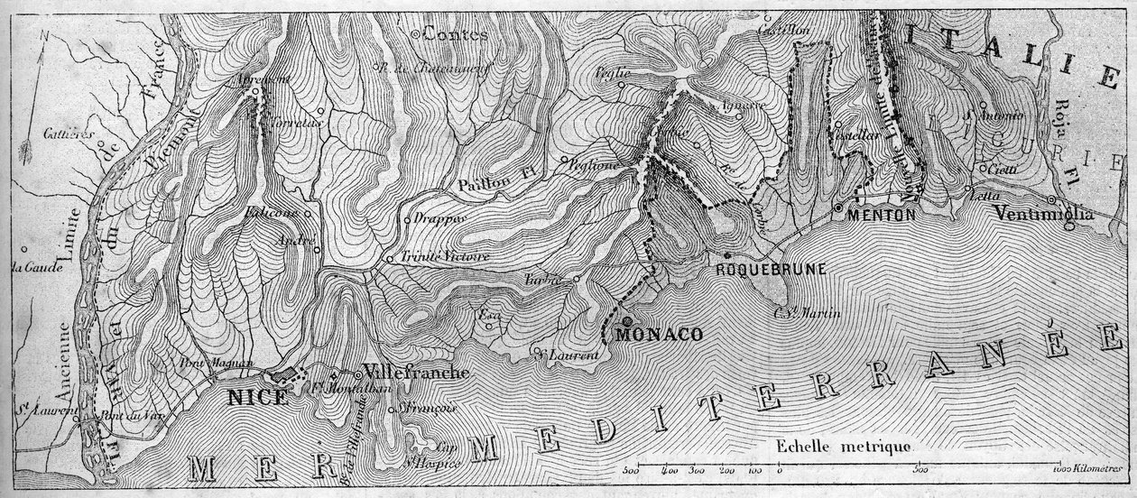 A Principaute de Monaco földrajzi térképe 1861-ben, mielőtt Roquebrune és Menton csatlakozott Franciaországhoz. Metszet a „” Le Monde Illustré”” 202. számában, 1861. február 23. alkotó: French School