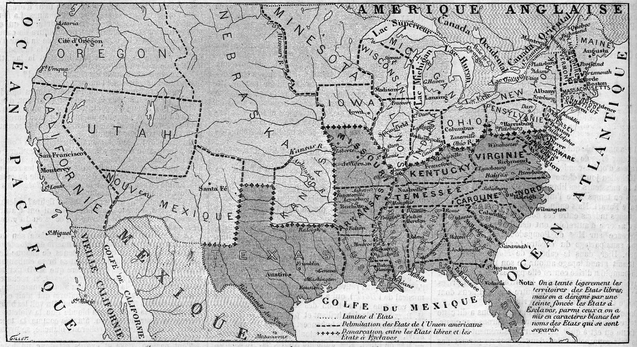 Az Amerikai Egyesült Államok földrajzi térképe 1861 márciusában. A futásban a rabszolgaállamok képviseltetik magukat. Fehérrel írva az Unióból kivált hét konföderációs állam neve: Texas, Dél-Karolina, Mississippi, Florida, Alabama, Georgi alkotó: French School