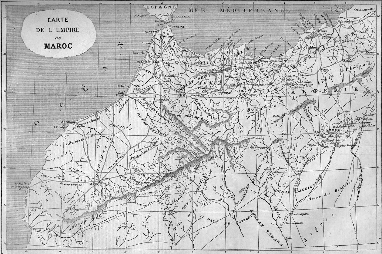 Marokkó birodalmának földrajzi térképe 859-ben. Metszet a „” Le Monde Illustré”” 129. számában, 1859. október 1.. alkotó: French School