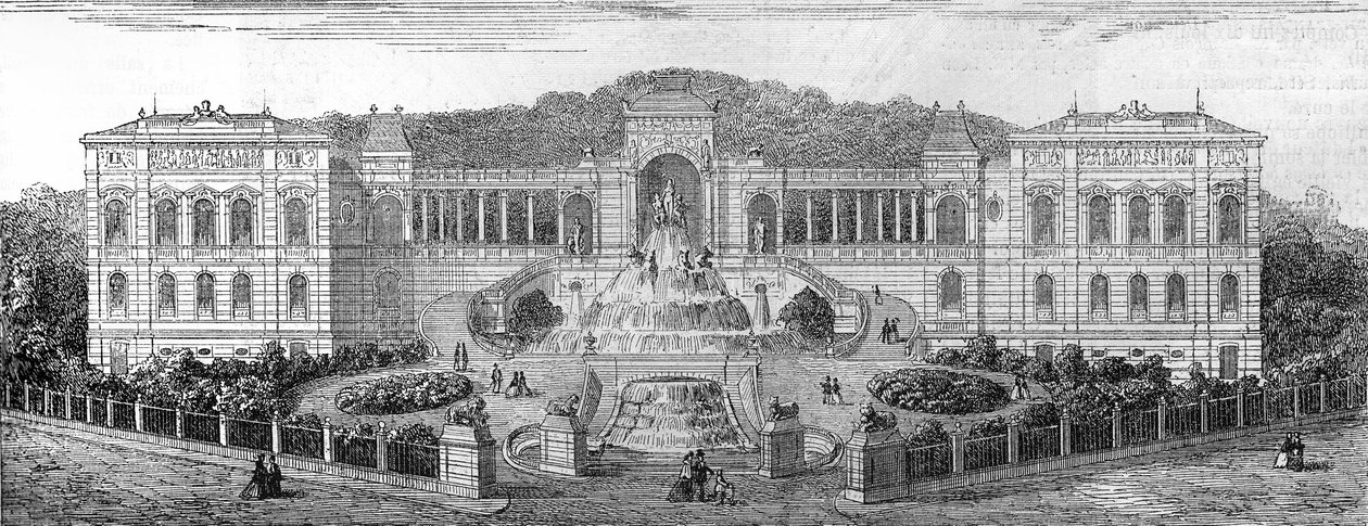 A Marseille-i Palais de Longchamp geometriai képe, Bouches du Rhone (13), 1862-ben építette Henri Jacques Esperandieu (1829-1874). Metszet az április 30-i „” The Illustrated World”” 681. sz alkotó: French School