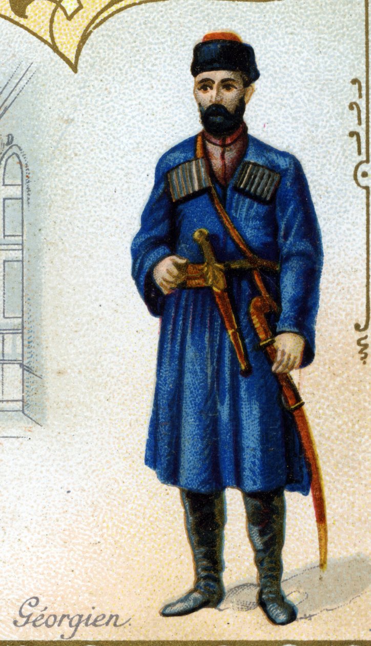 grúz férfi. A párizsi litográfia kiadása, 19. század vége. 25 reklámkrómból álló sorozat a dijoni Pernot keksz gyártásához, 1869-ben. A karakterek részlete népviseletben alkotó: French School