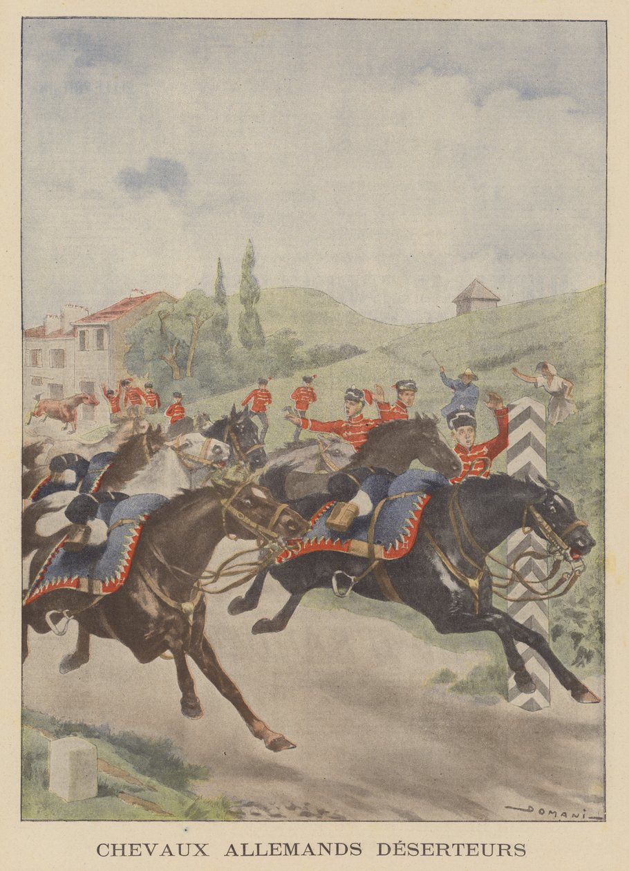 A német hadsereg lovai "dezertálnak" a francia határon (színes litográfia) alkotó: French School