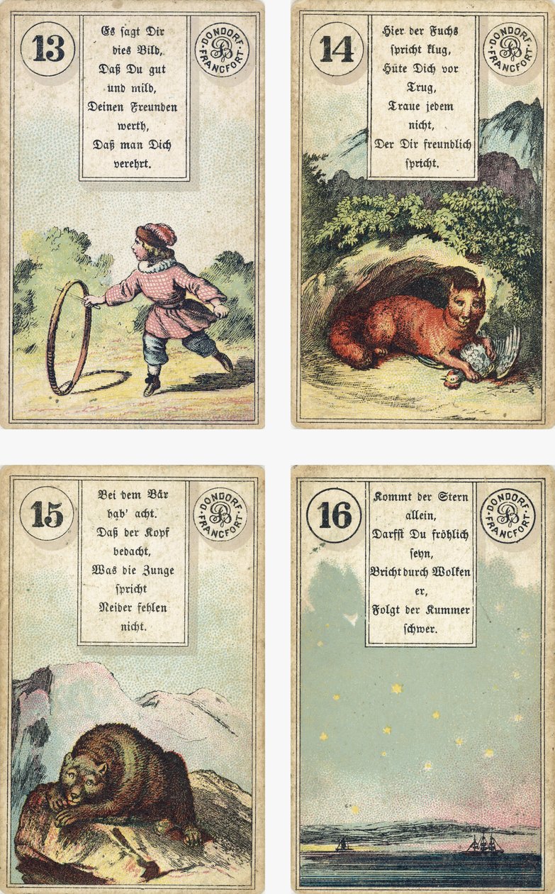 A Lenormand francia kartondoboz német kiadása: A gyermek, a róka, a medve, a csillag, kiadó: Dondorf, Frankfurt, 19. század alkotó: French School