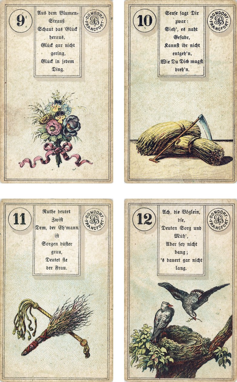 A Lenormand francia kartondoboz német kiadása: A virágok, a kasza, a nyírfabot, a korbács, a madarak, kiadó: Dondorf, Frankfurt, 19. század alkotó: French School