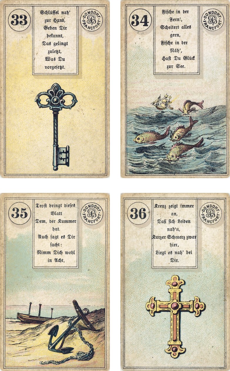 A Lenormand francia kartondoboz német kiadása: A kulcs, a hal, a horgony, a kereszt, kiadó: Dondorf, Frankfurt, 19. század alkotó: French School