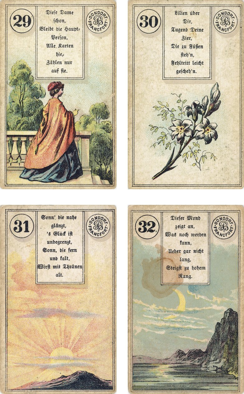 A Lenormand francia kartondoboz német kiadása: The Lady, The LiliesThe Lily, The Sun, The Moon, Dondorf, Frankfurt, 19. század alkotó: French School