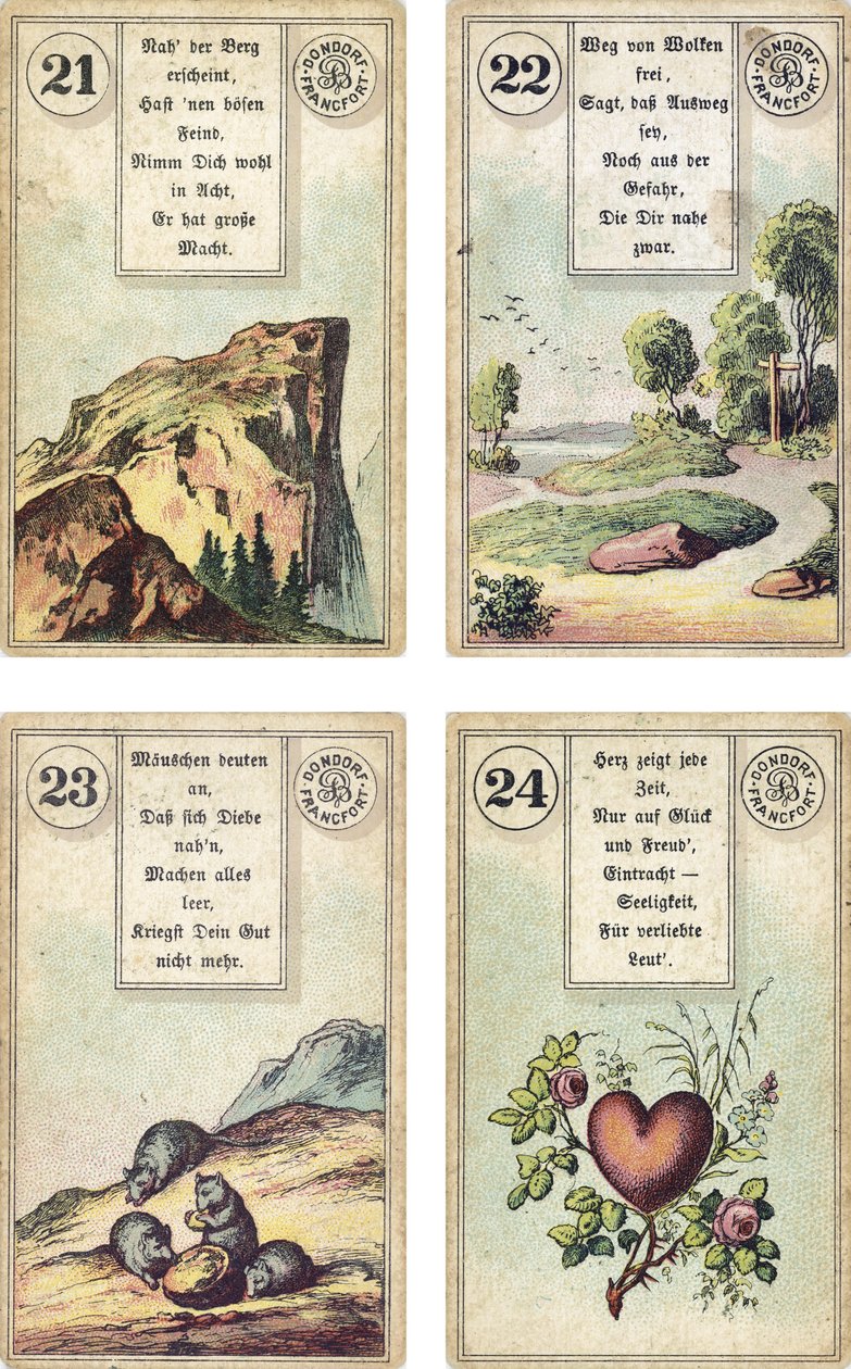 A Lenormand francia kartondoboz német kiadása: A hegy, az út, az egerek, a szív, kiadó: Dondorf, Frankfurt, 19. század alkotó: French School