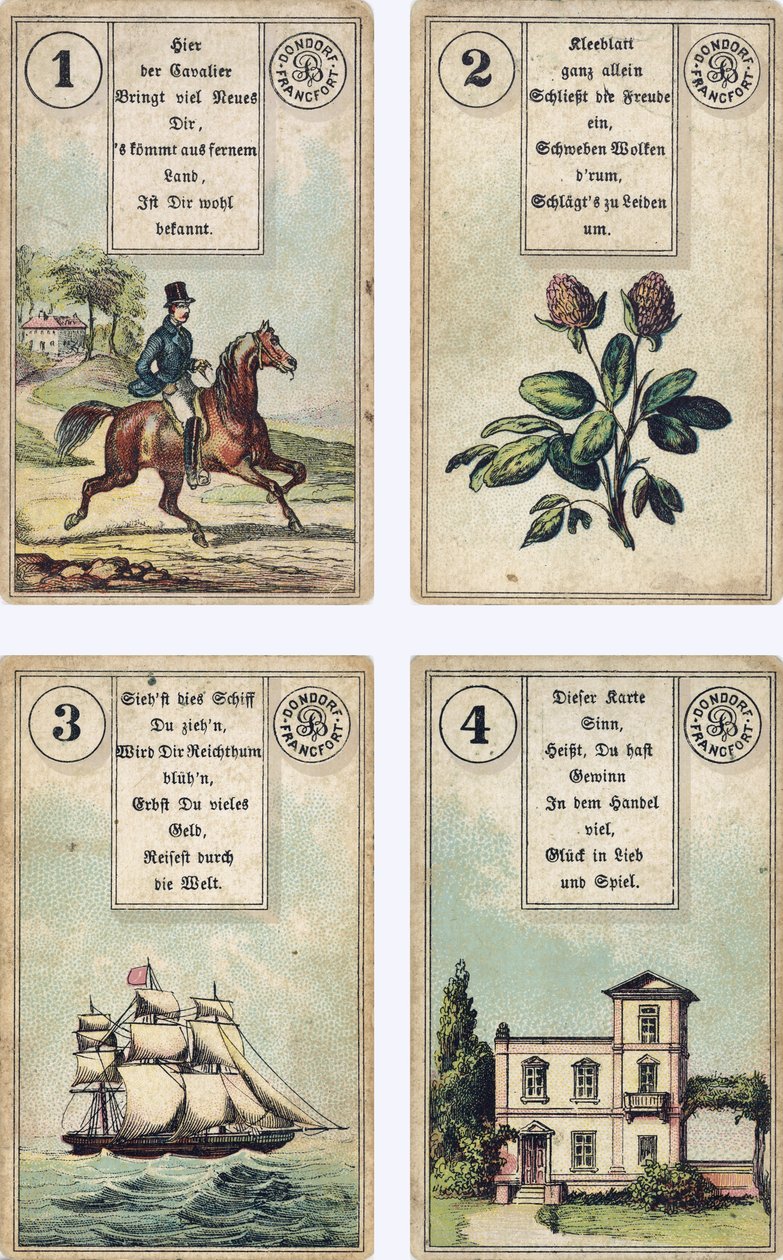 A Lenormand francia cartomancy fedélzet német kiadása: A lovas, a lóhere, a hajó, a ház, kiadó: Dondorf, Frankfurt, 19. század alkotó: French School