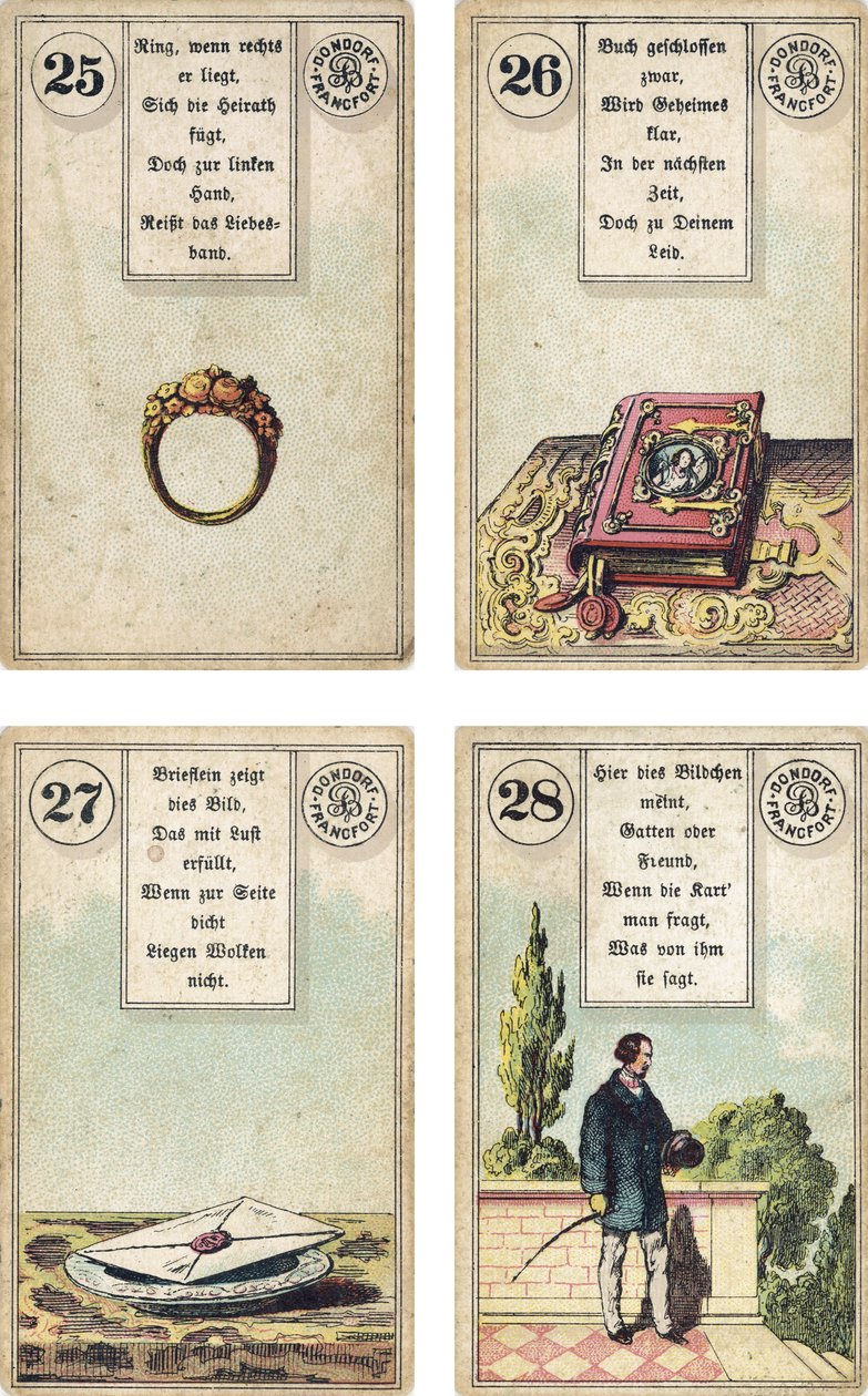 A Lenormand francia kartondoboz német kiadása: A gyűrű, a könyv, a levél, az úriember, kiadó: Dondorf, Frankfurt, 19. század alkotó: French School