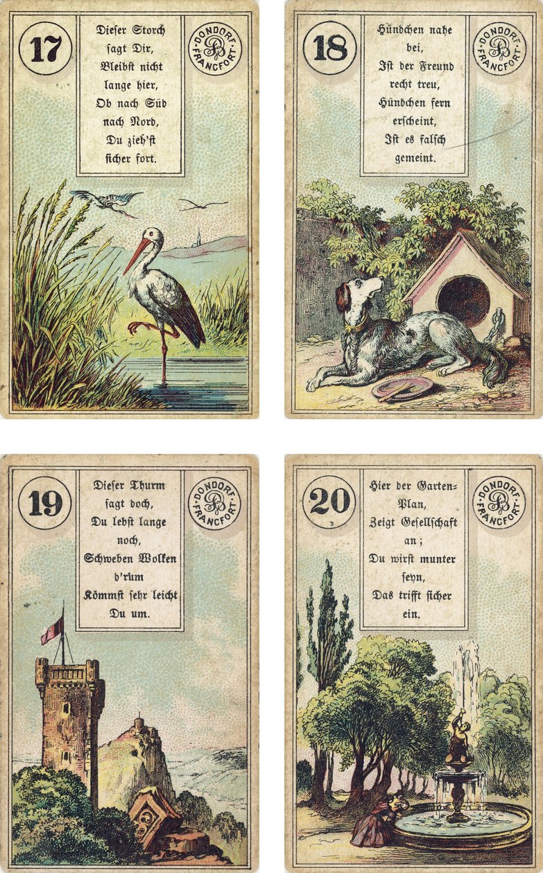 A Lenormand francia kartondoboz német kiadása: A gólya, a kutya, a torony, a kert, kiadó: Dondorf, Frankfurt, 19. század alkotó: French School