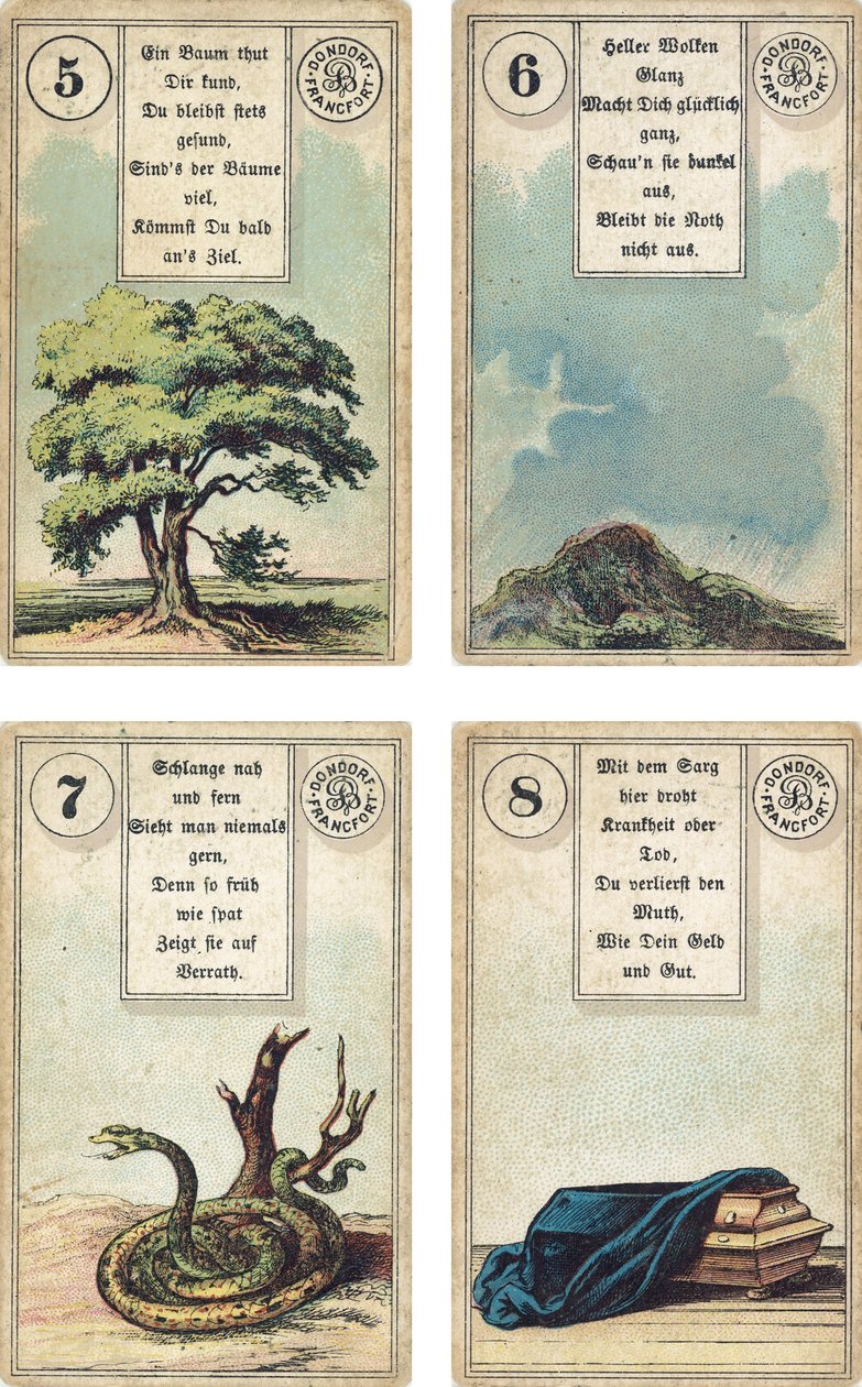 A Lenormand francia kartondoboz német kiadása: A fa, a felhők, a kígyó, a koporsó, kiadó: Dondorf, Frankfurt, 19. század alkotó: French School