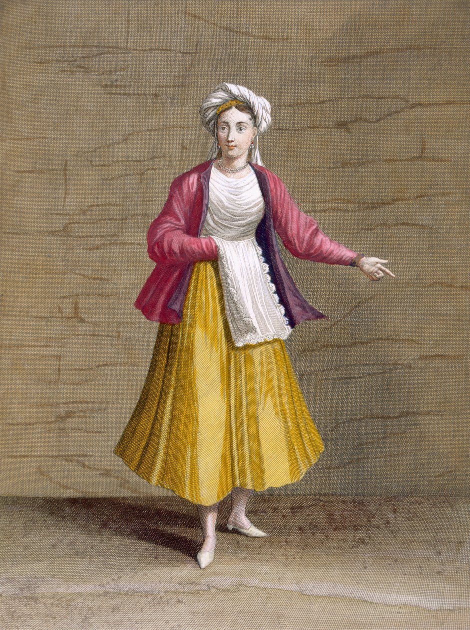 Lány Patmosi Szent Jánosból, Charles de Ferriol száz lenyomatának gyűjteményéből, amely Levant különböző nemzeteit ábrázolja, vésette Gerard Scotin (1671-1716), 1707-08 (színes engl.) alkotó: French School
