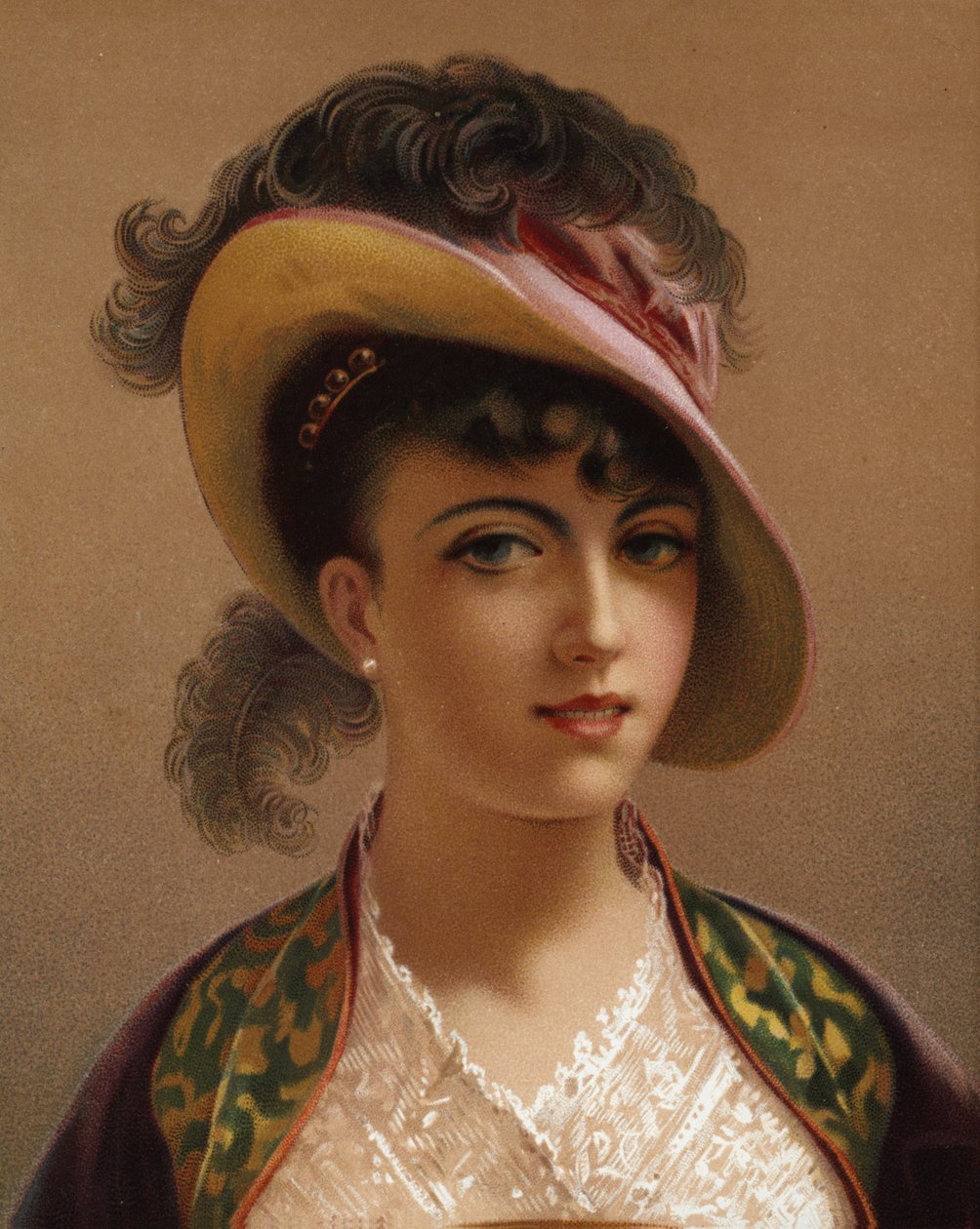 Lány rózsaszín kalapban (chromolitho) alkotó: French School