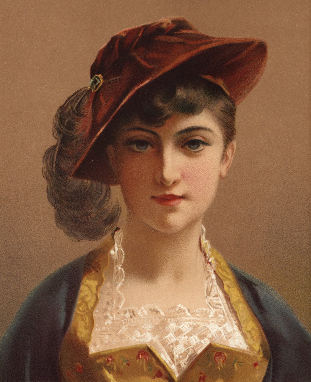 Lány piros bársony sapkában (chromolitho) alkotó: French School