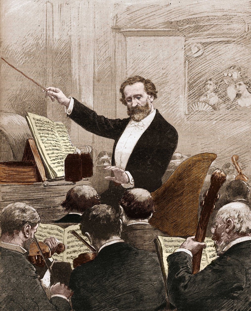 Giuseppe Verdi vezette az operazenekart az „Aida” első párizsi bemutatására 1880-ban. alkotó: French School