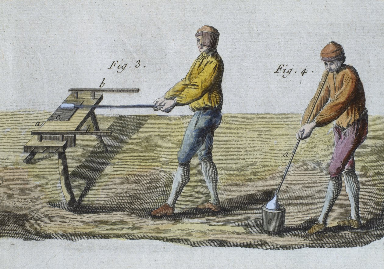 Üvegfúvás, részlet, illusztráció Denis Diderot (1713-84) Encyclopedie des Sciences et Metiers-ből, Robert Benard (fl.1734) metszete, 1770 körül megjelent (színes metszet) (lásd még: 326118) alkotó: French School