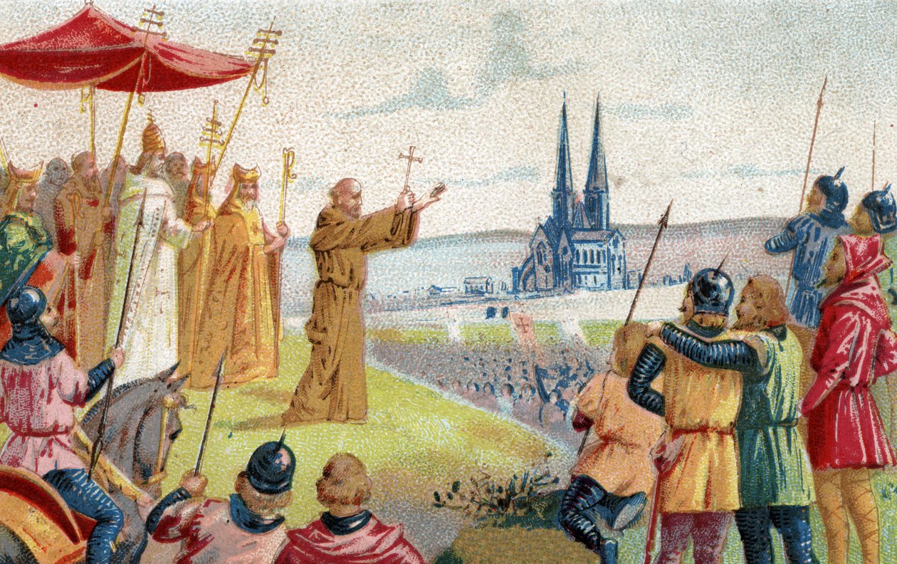 Isten akarja! Remete Péter a keresztes hadjáratot prédikálja (1095 - 1099) A 19. század végének kromolitográfiája. alkotó: French School