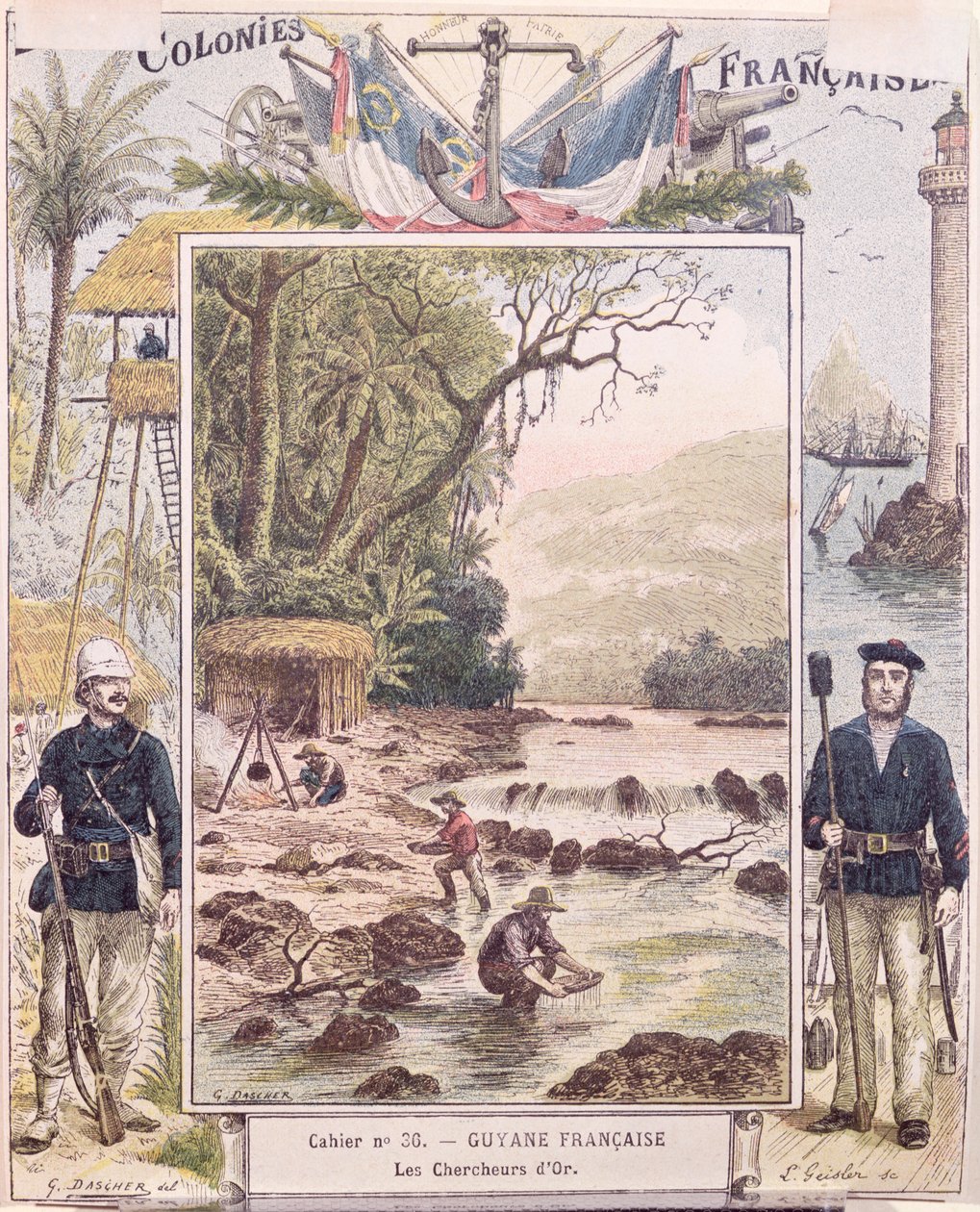 Aranyásók Francia Guyanában, az iskolai füzet borítója, 1880 körül alkotó: French School