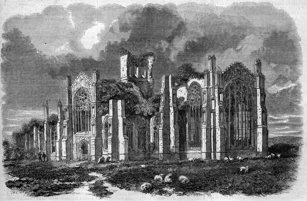 Gótikus építészet: kilátás a Melrose Abbey romjaira (XII. század), Skócia alkotó: French School