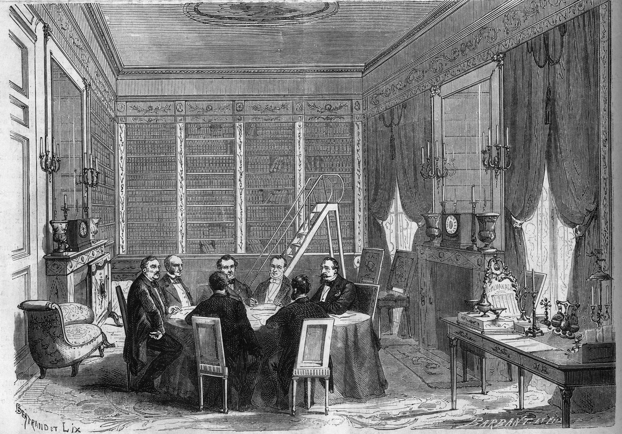 A Második Birodalom kormánya: III. Napóleon császár (1808-1873) elnökletével a Minisztertanács a Compiegne-i palota könyvtárában alkotó: French School