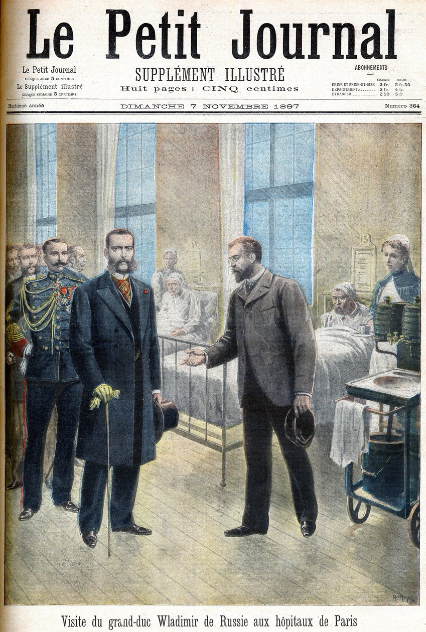 Vlagyimir Alekszandrovics orosz nagyherceg (Vlagyimir Alekszandrovics orosz) Párizs kórházait látogatja – illusztráció a Le Petit Journal számára, 1897. november 7. (metszet) alkotó: French School