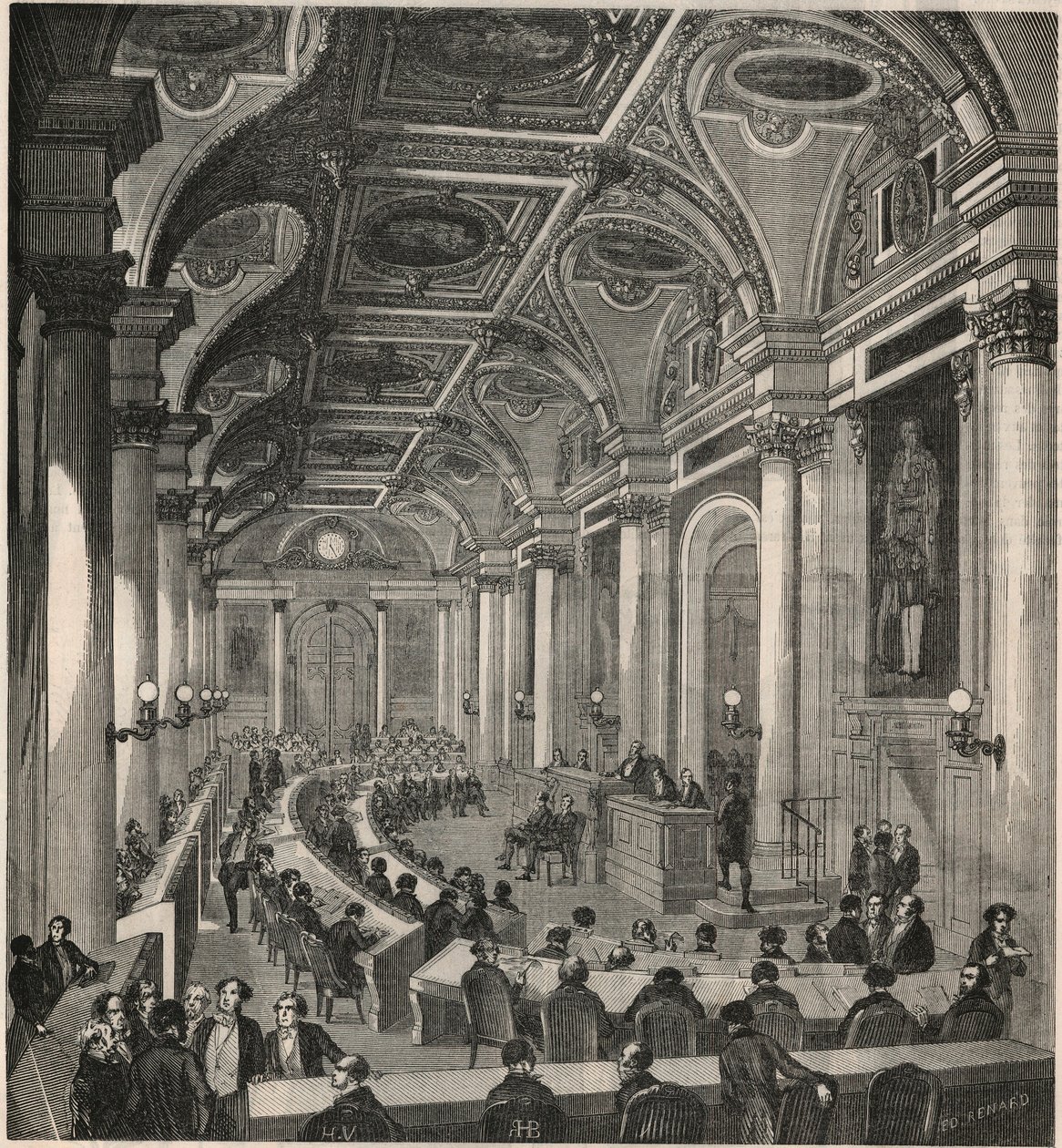 Nagy tárgyalóterem a párizsi államtanácsban – Edmond Texier 1852-es metszete „Tableau-de-Paris”-ban alkotó: French School