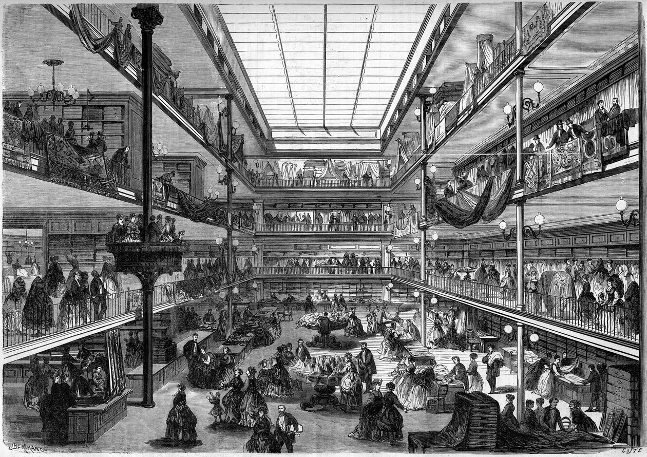 Párizsi áruházak; belső kilátás a város Saint Denis üzleteire, rue du Faubourg Saint Honore, Párizs alkotó: French School