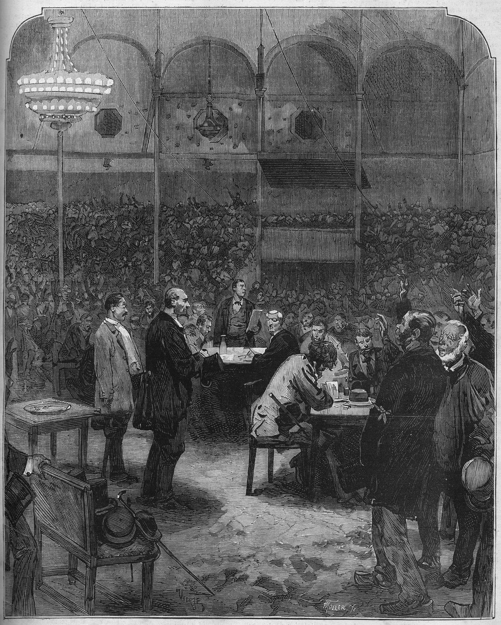 Greve des cochers de charres de Paris 1878-ban: küldöttek megválasztása a Petites Cars (Petite-Cars) társaságába a Fernando cirkuszban. Metszet az 1878. augusztus 17-i „” Le Monde Illustré”” 1116. sz. alkotó: French School