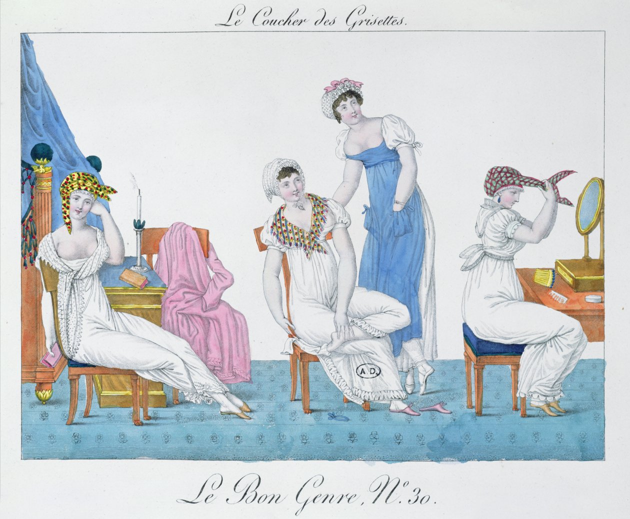 Lefekvésre készülő grisettes, 30-as tányér a „Le Bon Genre”-ből, 19. század eleje (színes litó) alkotó: French School