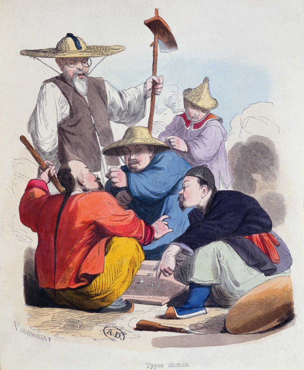 Kockajátékos kínai férfiak csoportja, 1850 körül (színes metszet) alkotó: French School
