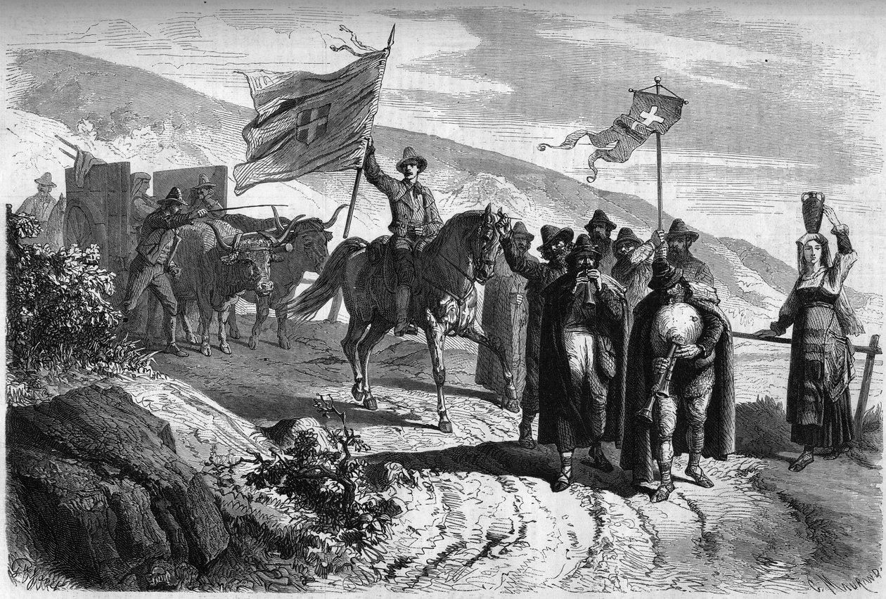 „Pifferari” csoport (olaszországi koldusok és sétáló zenészek), akik a nagyhét alkalmából elhagyják Abbruzzo tartományt Nápolyba. Metszet a „” Le Monde Illustré”” 364. számban, április 2 alkotó: French School
