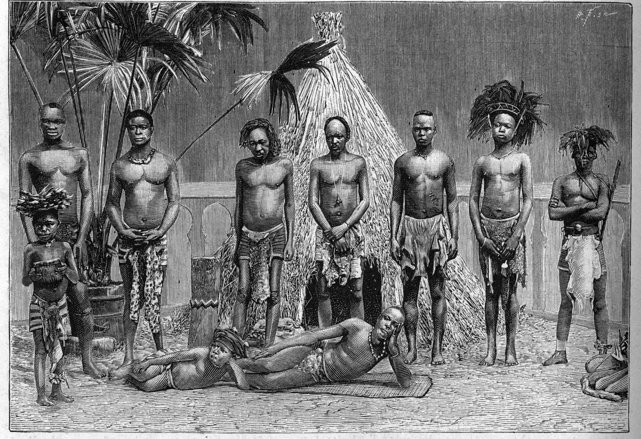 Az angolai társulat férficsoportja Párizsban az 1889-es világkiállításon (Emberi Állatkert) kiállított. alkotó: French School