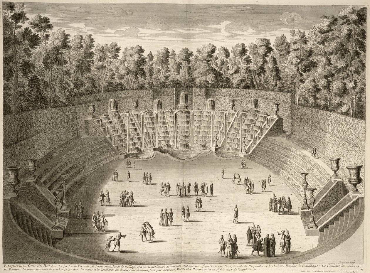 A Versailles-i Salle du Bal ligete a Versailles-i városok és paloták tervei, profiljai és domborzatai, Lucas metszetében, 1715 körül megjelent alkotó: French School