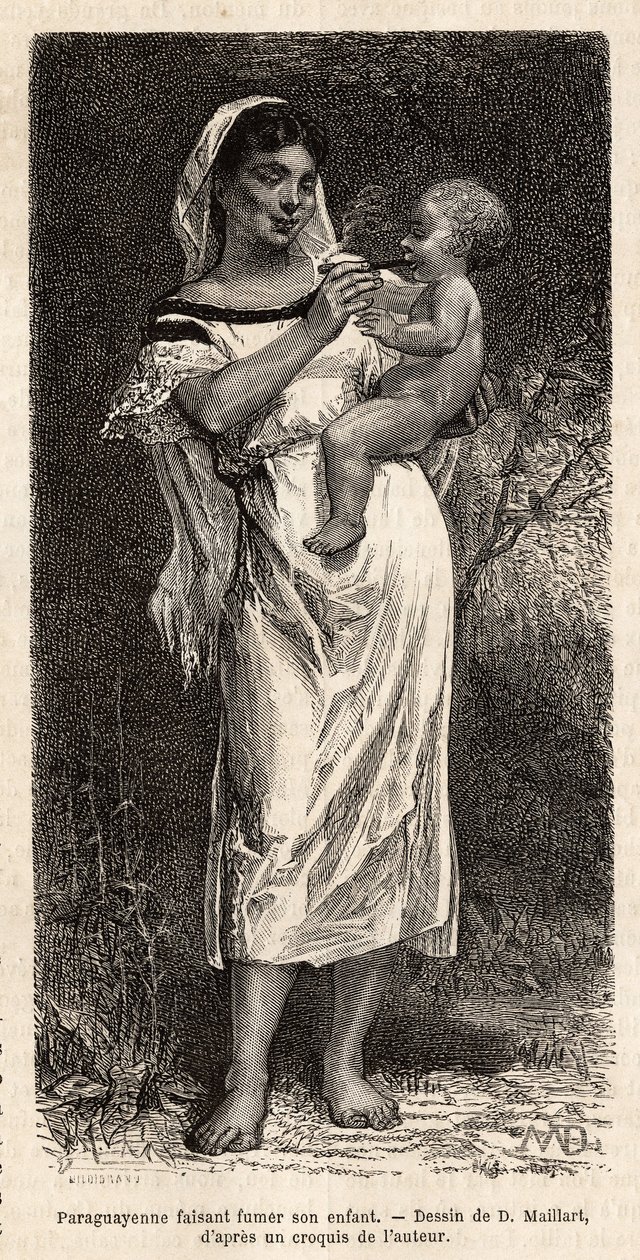 Guaranie nő szivaroz gyermekének, csípőjén lovagolva próbálja csillapítani sírását, D.Maillart rajza után metszett, amely az 1872-1873-as paraguayi utazást illusztrálja, L. Forgues, megjelent a „” Le tour du monde”” 1874, Edouard szerkesztette alkotó: French School
