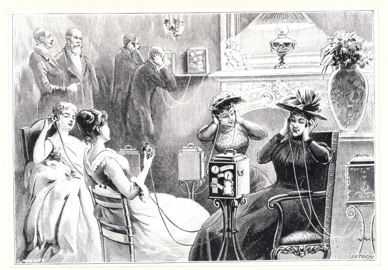 Vendégek egy párizsi szállodában, akik opera- vagy színházi előadások közvetlen közvetítését hallgatják Marinovich és Szarvas Theatrophone-ján, az 1892-ben megjelent La Nature-ből alkotó: French School