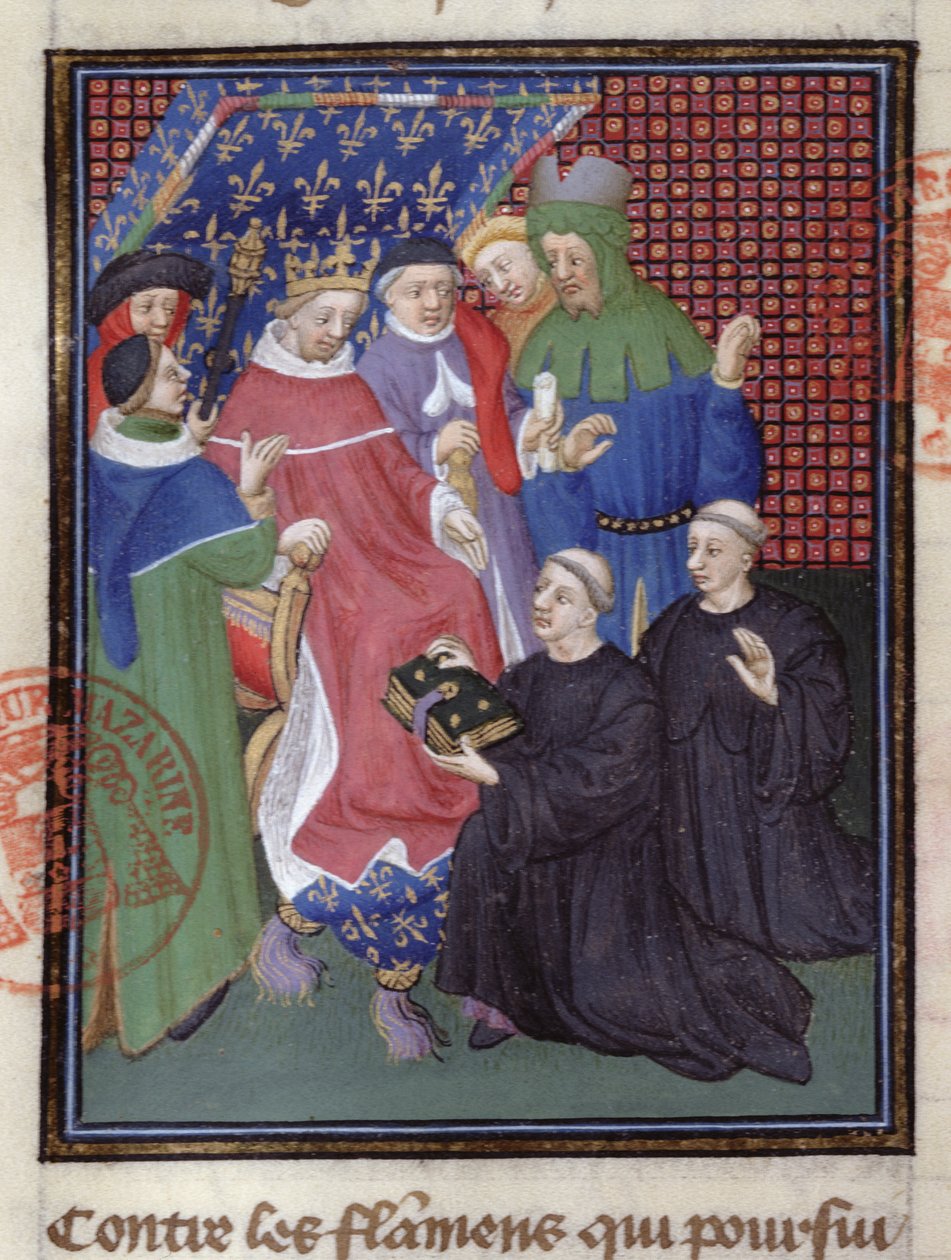 Guillaume de Nangis (1300-ban vagy 1303-ban) bemutatja könyvét Philippe IV le Belnek, az 1285-1314 közötti francia királynak (vellum) (239257 részlet) alkotó: French School