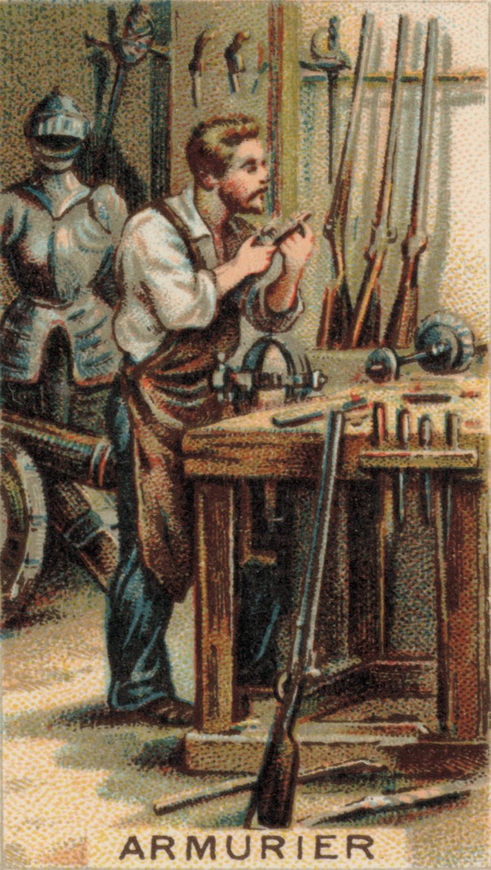 Fegyverkovács munka közben a műhelyében (chromolitho) alkotó: French School