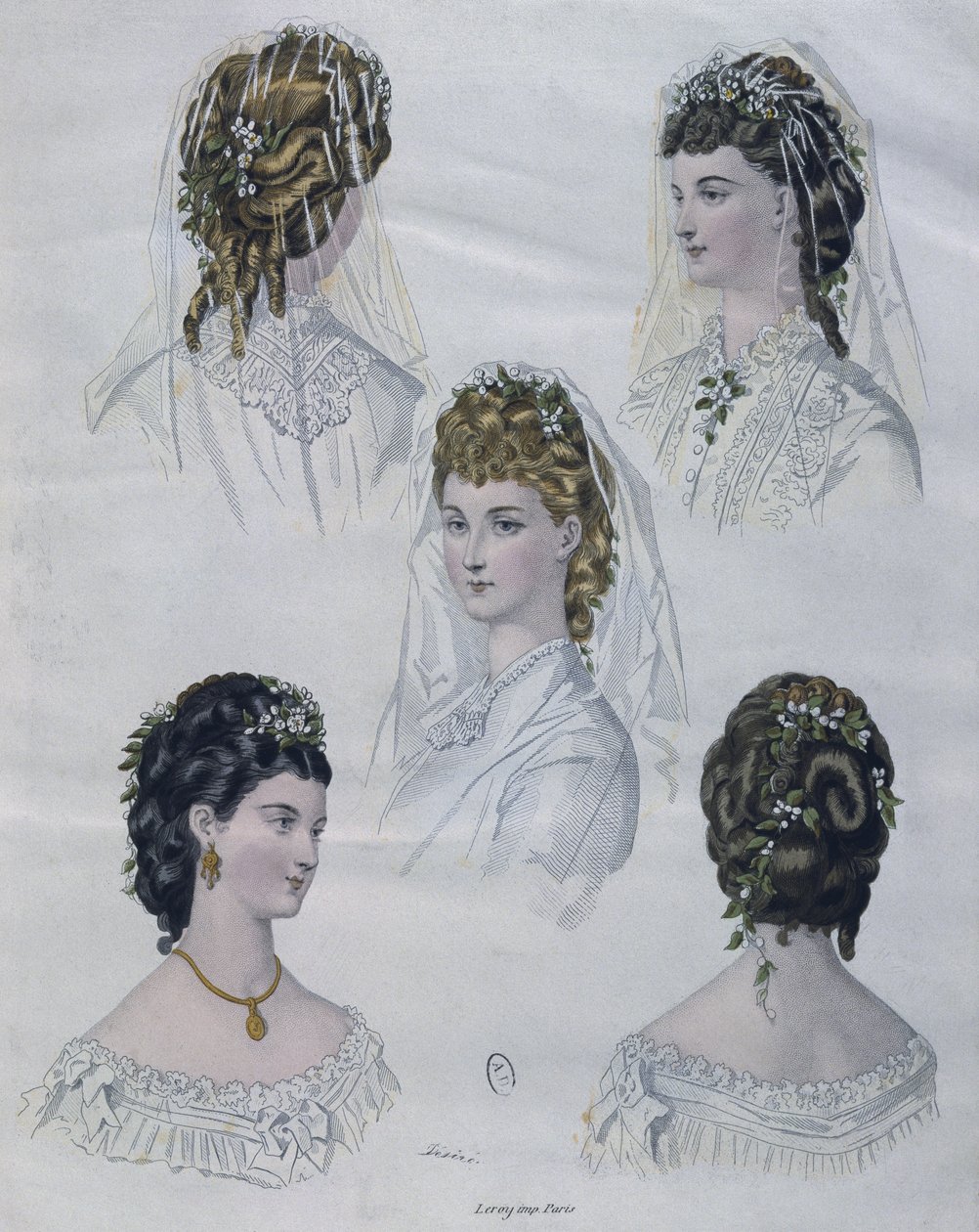 Frizurák, illusztráció a La Mode illustree-ből, 1872 (színes metszet) alkotó: French School