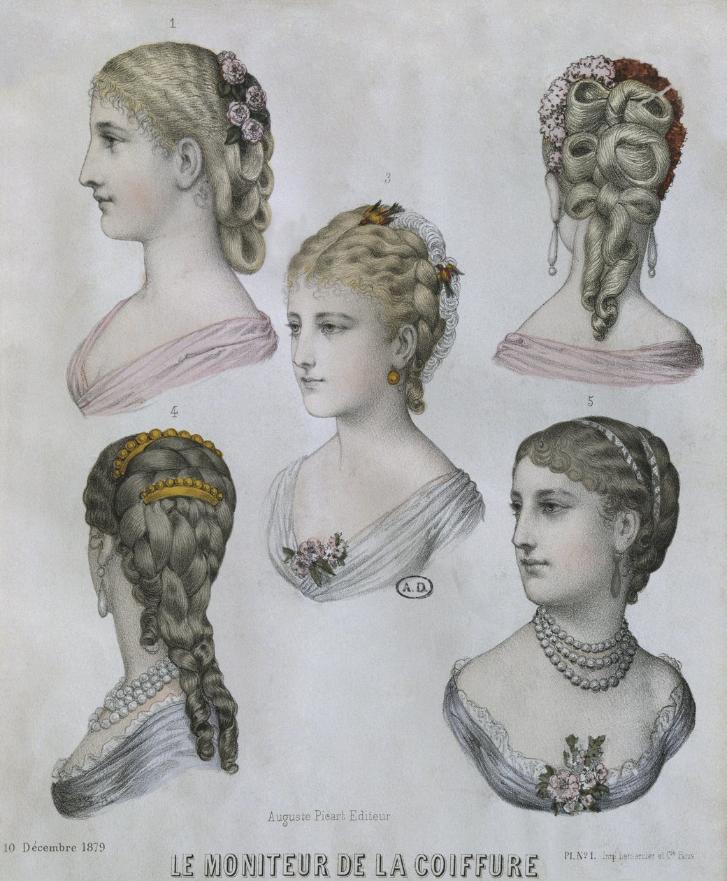 Frizurák, illusztráció a Le Moniteur de la Coiffure-ból, 1879. december 10. (színes metszet) alkotó: French School