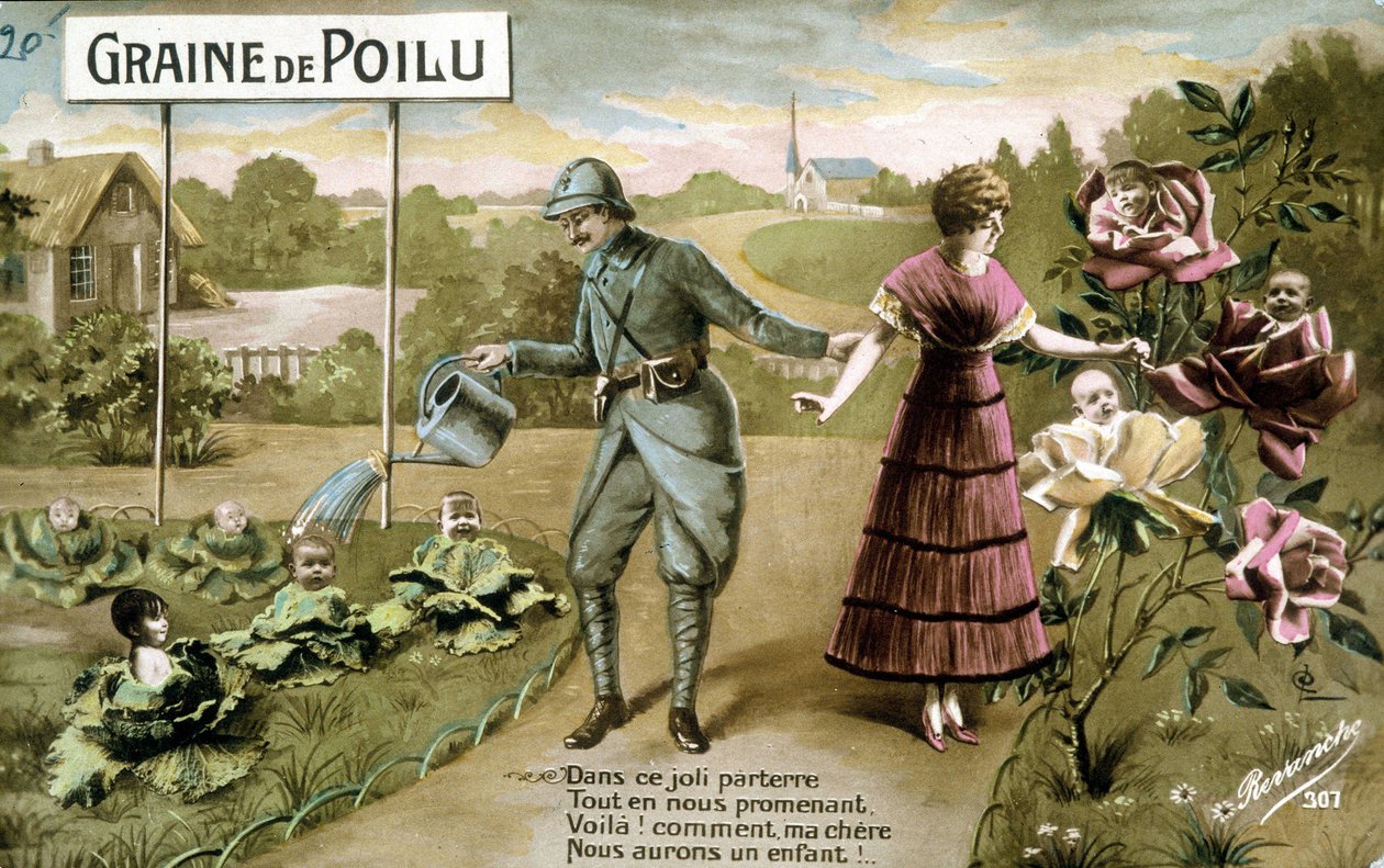 Szőrös Mag: Ezen a szép padlón Amíg járunk, tessék! hogy kedvesem lesz gyerekünk - Képeslap születéskor, 1914. v alkotó: French School