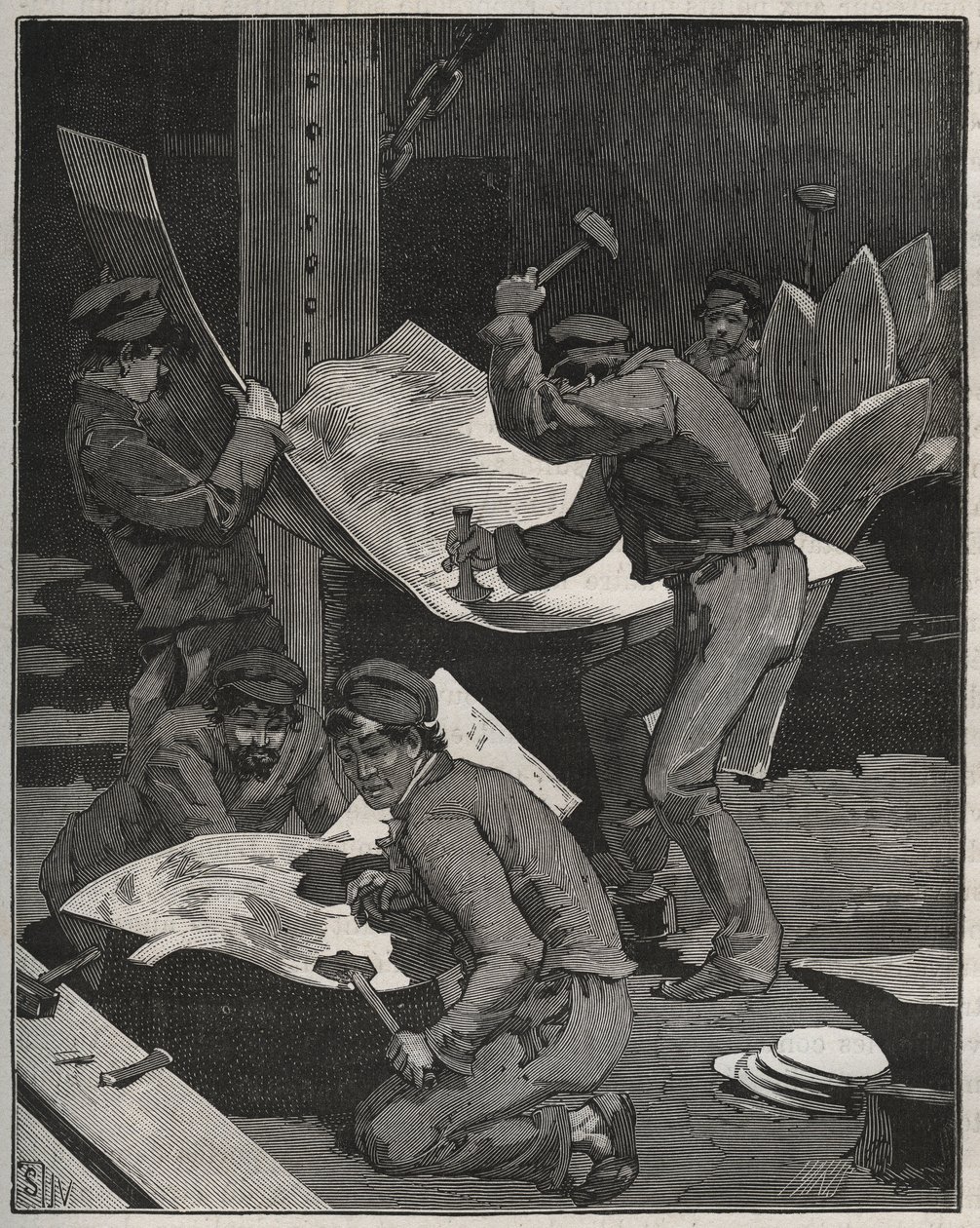 Frederic Auguste Bartholdi (1834-1905) által készített Liberte-szobor darabjainak kalapálása és összeszerelése. Metszet 1880-ból Adolphe BITARD „” Les arts et metiers illustres” című könyvébe. alkotó: French School
