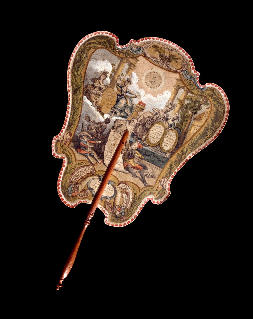 Kézi képernyő. Kartonra színes gravírozás, amely megvédte az arcot a tűz hőjétől. Franciaország 18. század. Párizs, Musee Carnavalet alkotó: French School